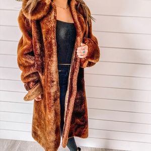 Vintage Long Brown Fur Coat Mid Century L